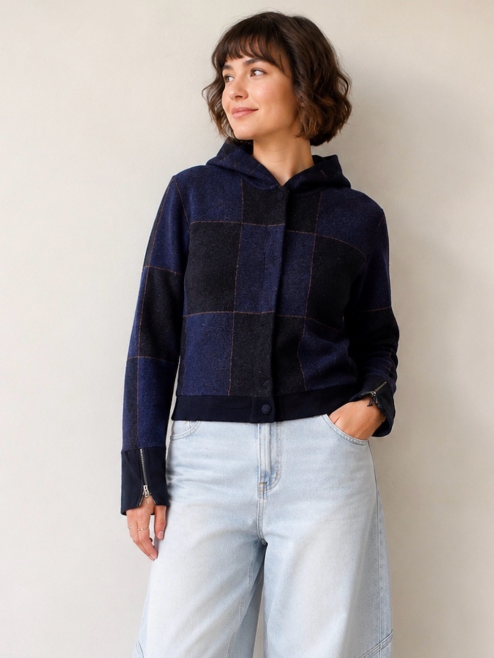 Wrap London Women's Navy Wool Plaid Hooded Jacket